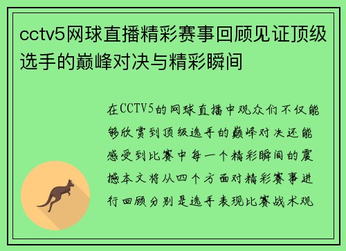 cctv5网球直播精彩赛事回顾见证顶级选手的巅峰对决与精彩瞬间