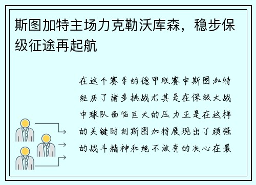 斯图加特主场力克勒沃库森，稳步保级征途再起航